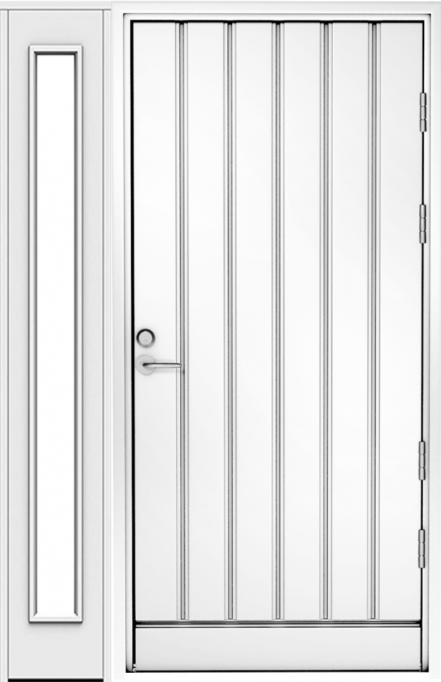 Белая входная дверь R1894 со стационарной остекленной створкой