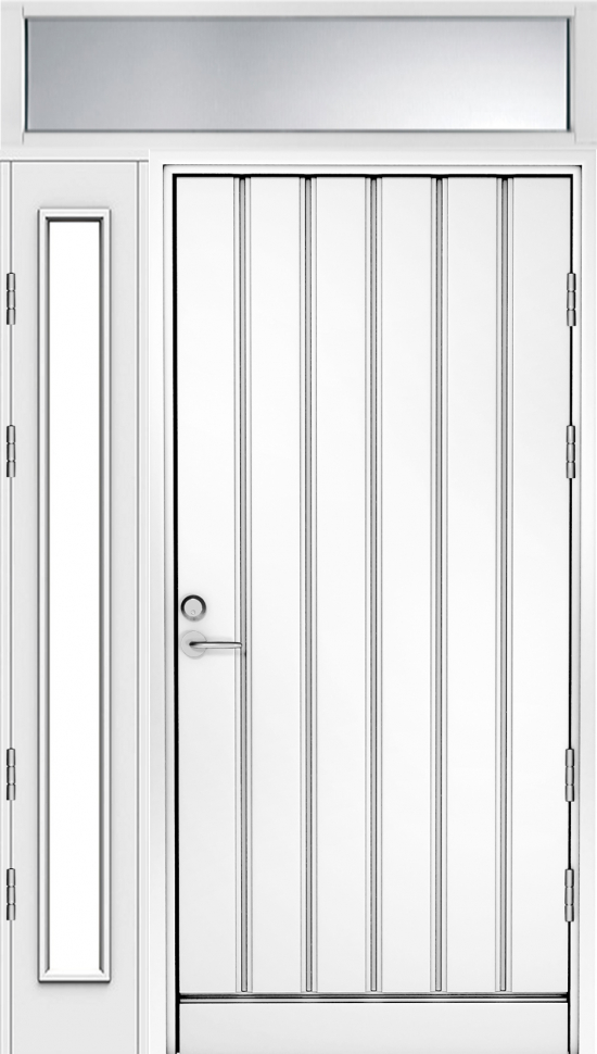 Белая входная дверь R1894 с открывающейся остекленной створкой и фрамугой